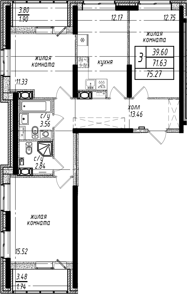3-комнатная квартира 75.27 м², 2/25 эт., ЖК «Северная Долина»